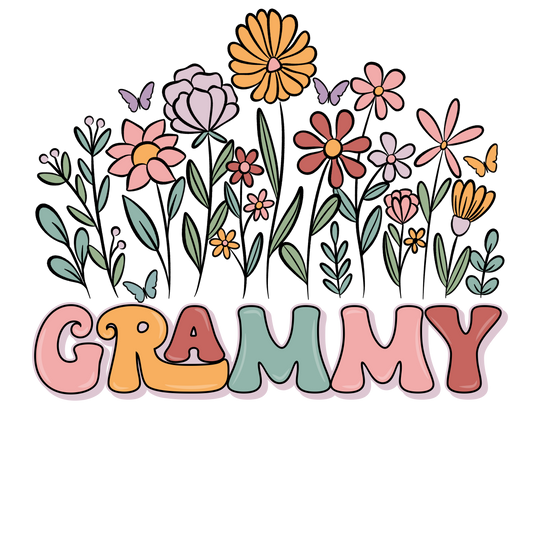 Grammy Flower Tee featuring pastel flowers and butterflies above retro-style GRAMMY text on a black background, embodying playful, unique design in a soft cotton unisex tee.