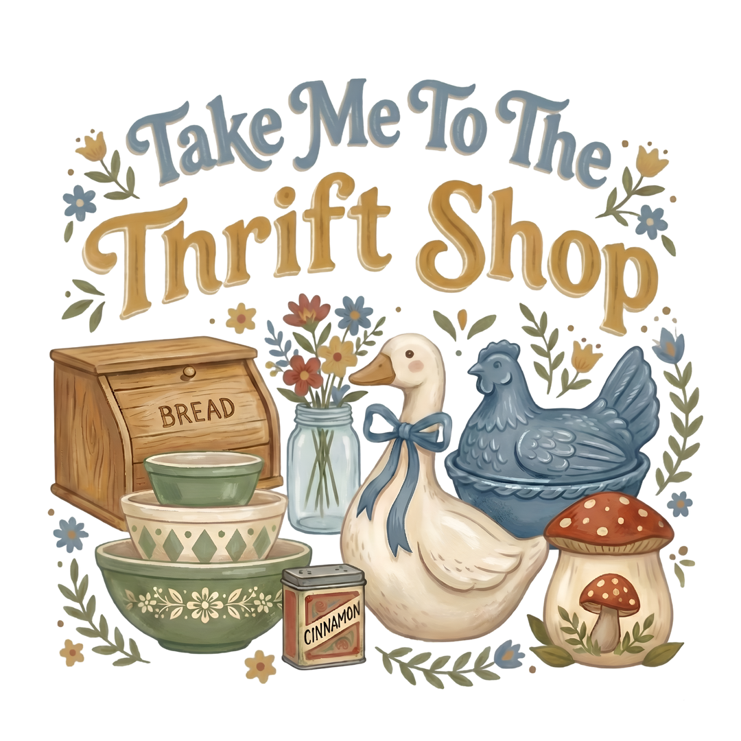 Take Me to the Thrift Shop Crew sweatshirt features a vintage-style illustration of thrift treasures, including bowls, a bread box, and decorative items, in warm tones.
