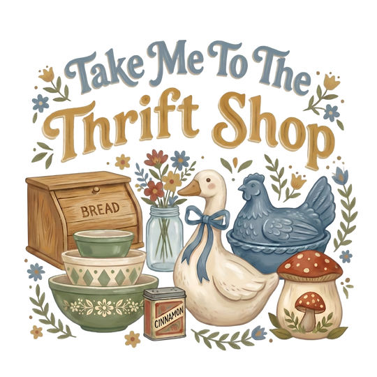 Take Me to the Thrift Shop Crew sweatshirt features a vintage-style illustration of thrift treasures, including bowls, a bread box, and decorative items, in warm tones.