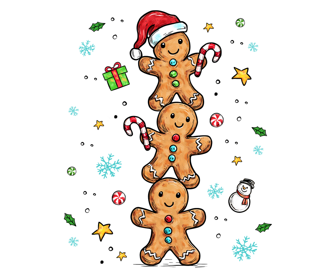 Gingerbread Stack Kids Tee features three cheerful gingerbread figures with festive decorations, ideal for everyday wear, crafted from soft, durable cotton.