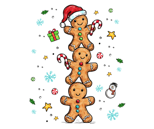 Gingerbread Stack Kids Tee features three cheerful gingerbread figures with festive decorations, ideal for everyday wear, crafted from soft, durable cotton.