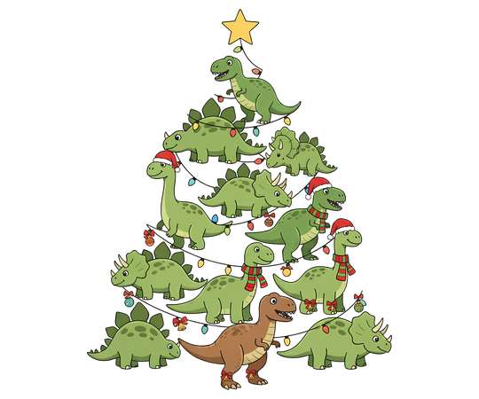 Dino Tree Toddler Tee features a whimsical Christmas tree of green dinosaurs adorned with festive lights and accessories, perfect for toddler adventures and soft on sensitive skin.