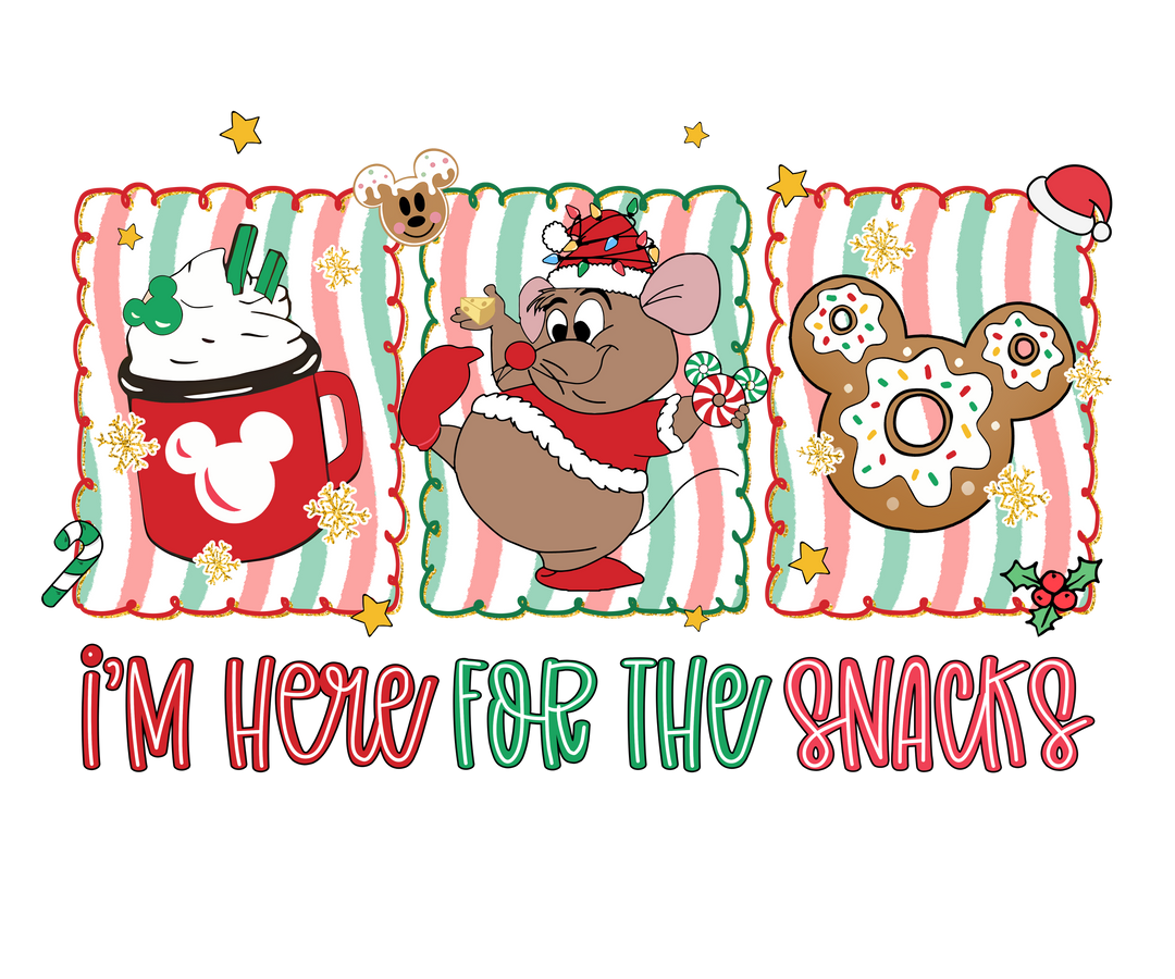 Cartoon-style Here for the Snacks kids tee featuring festive panels with Mickey-themed treats and a Santa-hat mouse, perfect for everyday wear.