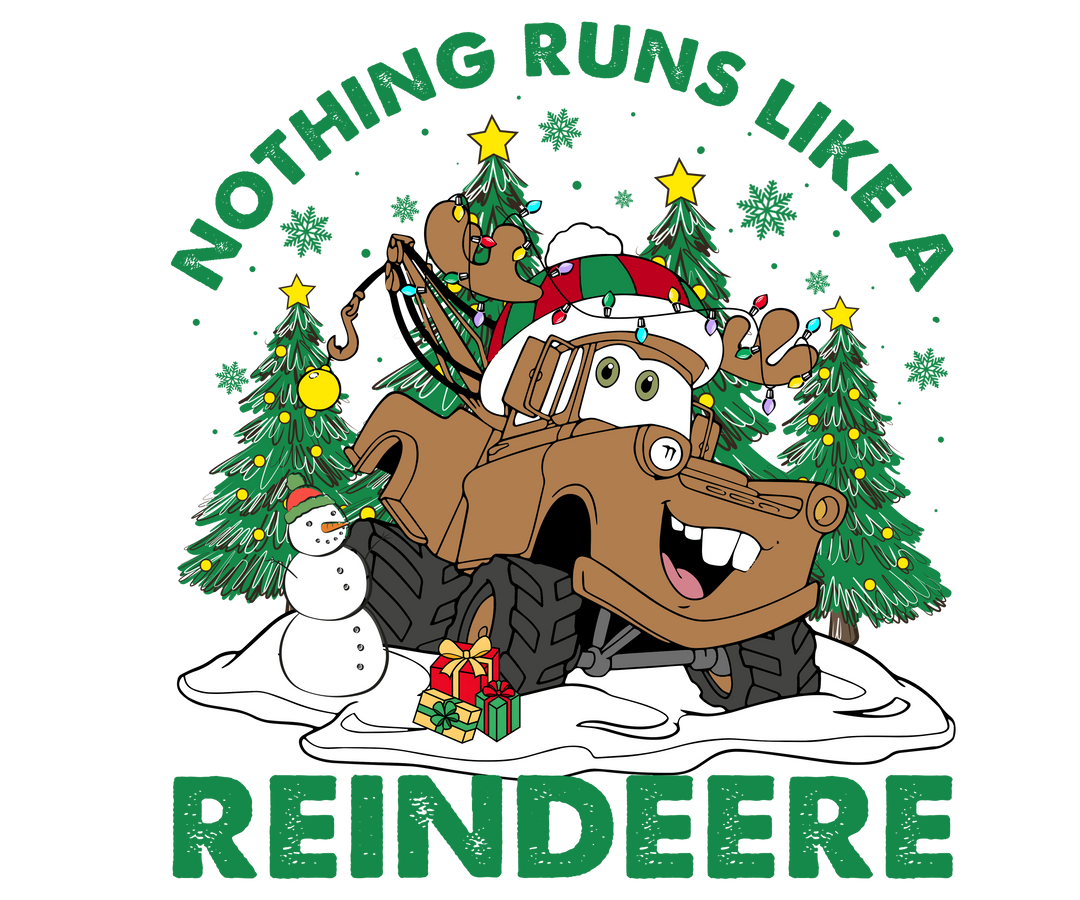Reindeere Kids Tee: Festive cartoon tow-truck with Santa hat, antlers, and gifts, surrounded by Christmas trees and snowman, perfect for everyday wear.