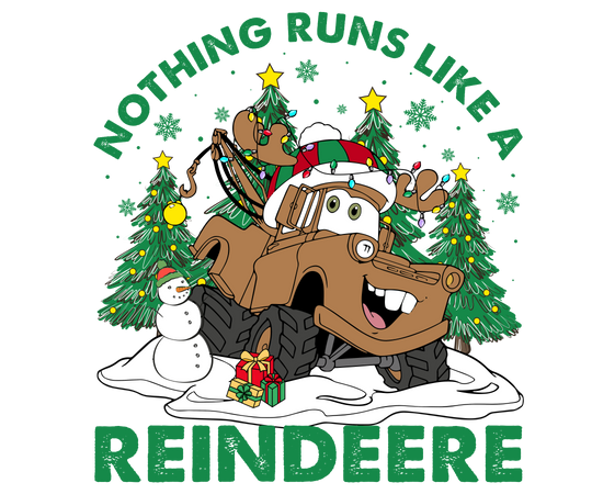 Reindeere Kids Tee: Festive cartoon tow-truck with Santa hat, antlers, and gifts, surrounded by Christmas trees and snowman, perfect for everyday wear.