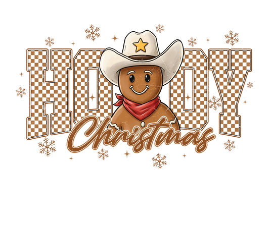 Cowboy gingerbread cookie on a festive Howdy Christmas toddler sweatshirt, featuring snowflakes and sparkles for a cozy holiday look.