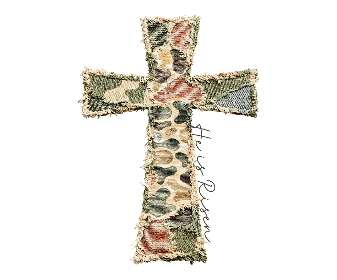 He is Risen Distressed Tee featuring a stylized cross made from frayed camo fabric patches, highlighting durability and comfort.