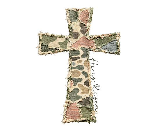 He is Risen Distressed Tee featuring a stylized cross made from frayed camo fabric patches, highlighting durability and comfort.