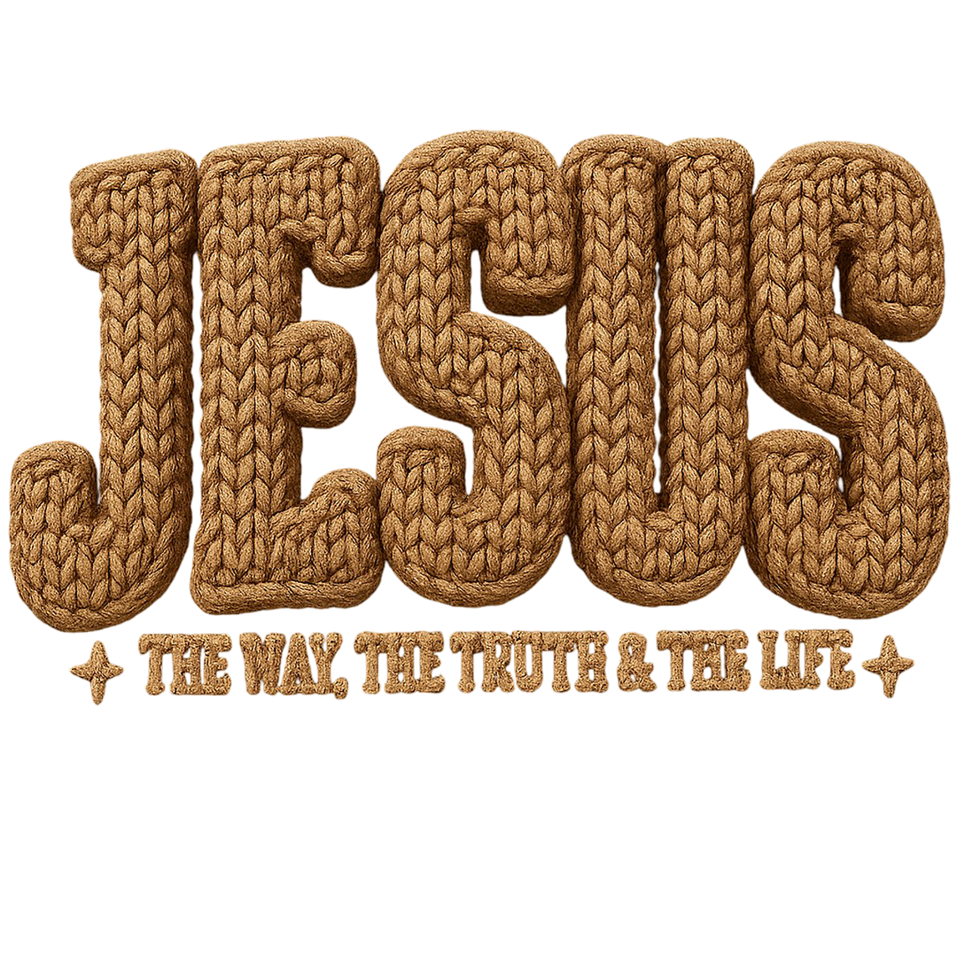Jesus Crew sweatshirt: bold knitted yarn-style text 'JESUS' with tagline 'THE WAY, THE TRUTH & THE LIFE,' on a cozy, unisex cotton-polyester blend.