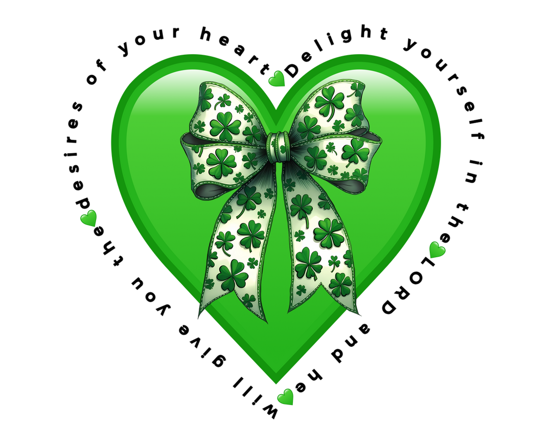 Delight in the LORD Long Sleeve Tee with a green heart and shamrock-themed ribbon, symbolizing St. Patrick's Day, from Faith Family Designs.