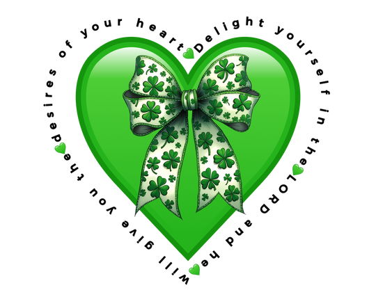 Delight in the LORD Long Sleeve Tee with a green heart and shamrock-themed ribbon, symbolizing St. Patrick's Day, from Faith Family Designs.