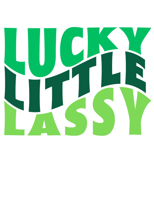 A Lucky Little Lassy Onesie for infants, featuring a green text logo on a black background. Made of soft ring-spun cotton, with lap shoulders for comfort and ease. Unisex fit, light fabric, tear-away label.