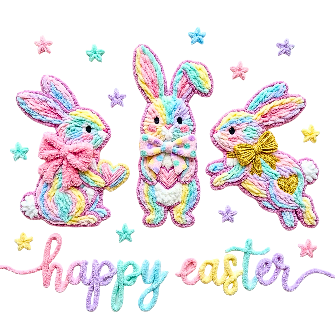 Easter Bunny Toddler Tee featuring pastel chenille-style bunnies in playful poses with happy easter text, ideal for toddlers' sensitive skin with soft, durable cotton.