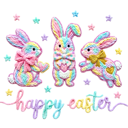 Easter Bunny Toddler Tee featuring pastel chenille-style bunnies in playful poses with happy easter text, ideal for toddlers' sensitive skin with soft, durable cotton.