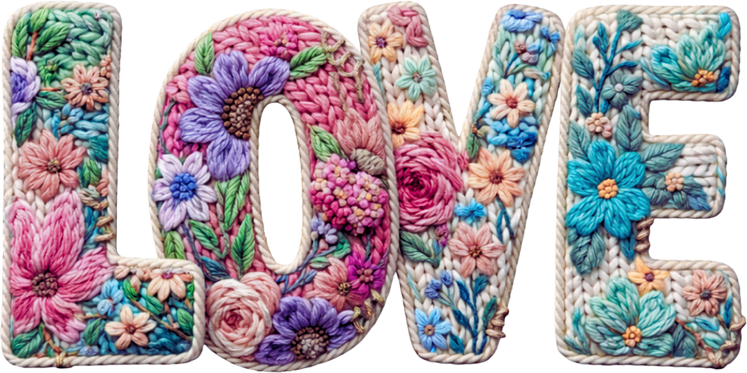 Knitted-style LOVE letters embroidered with colorful flowers, featured on a unisex cotton-polyester sweatshirt. Stylish, durable design perfect for Faith Family Designs' unique apparel collection.
