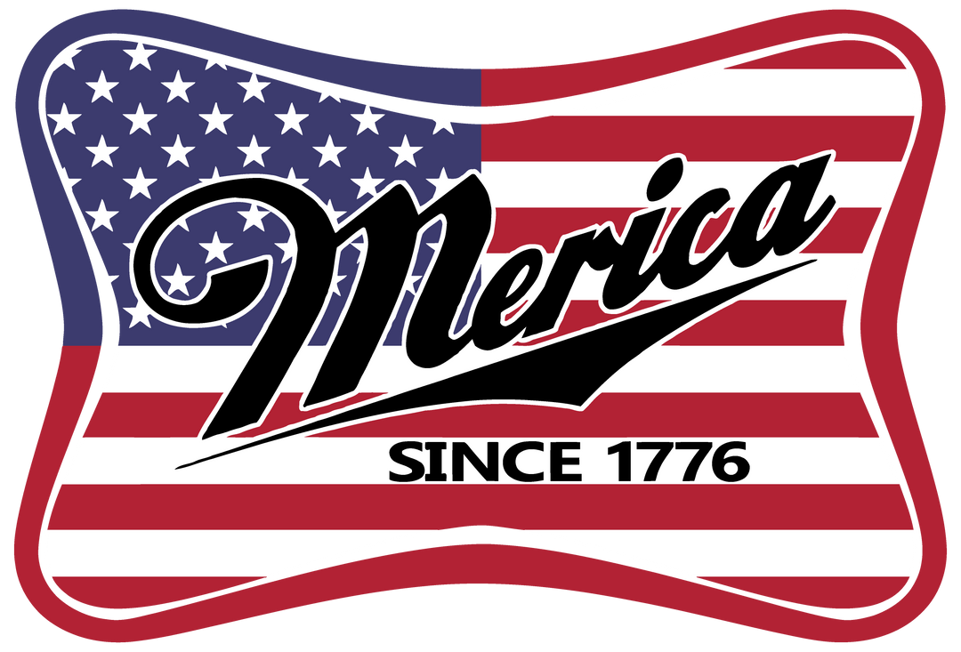 A classic Merica Tee featuring a flag design with black text. Unisex heavy cotton tee with no side seams for comfort, tape on shoulders for durability, and ribbed knit collar. Available in various sizes.