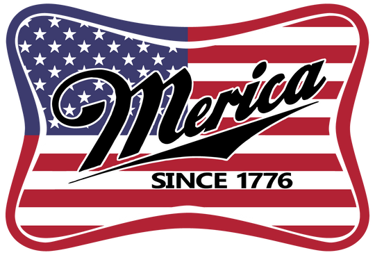 A classic Merica Tee featuring a flag design with black text. Unisex heavy cotton tee with no side seams for comfort, tape on shoulders for durability, and ribbed knit collar. Available in various sizes.