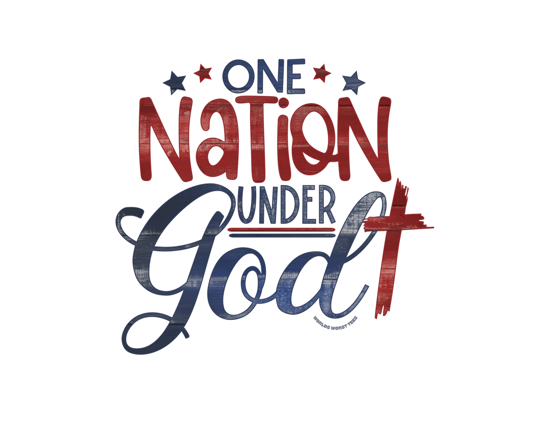A classic unisex jersey tee with One Nation Under God print. 100% cotton, ribbed knit collars, tear away label, retail fit. Sizes XS-3XL. Soft, durable, and stylish. From Worlds Worst Tees.