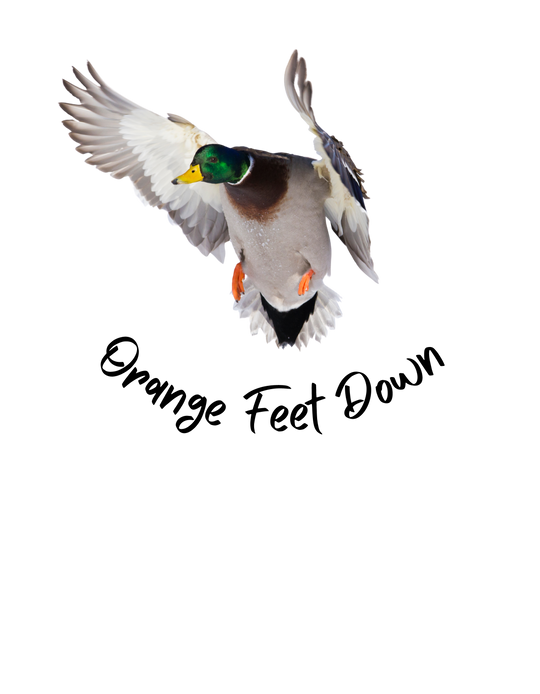 A duck with wings outstretched flying in the sky, embodying freedom and grace, captured on an Orange Feet Down Hoodie from Worlds Worst Tees. Made of 50% cotton and 50% polyester, this NuBlend® hooded sweatshirt offers a loose fit and a front pouch pocket.