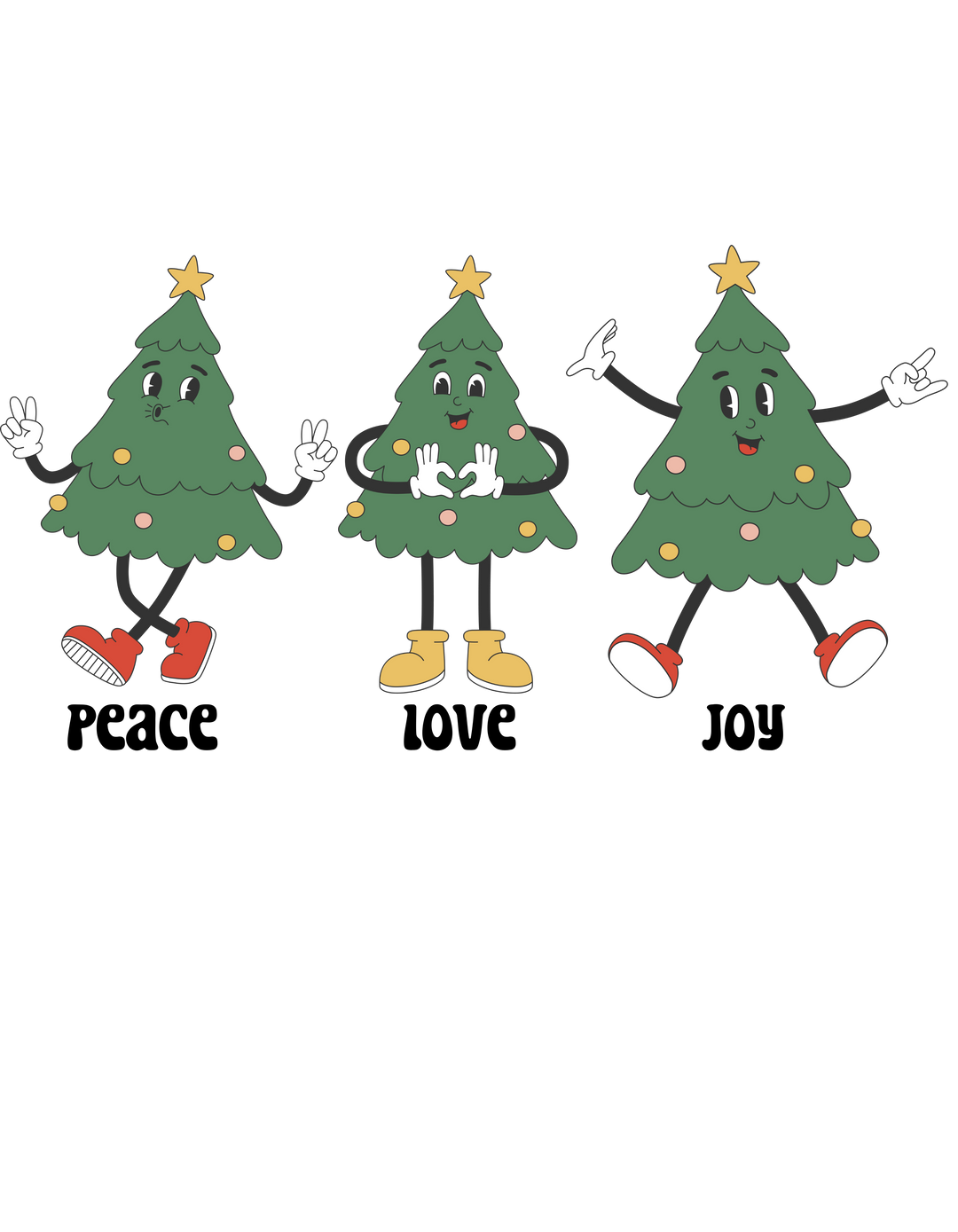 A group of cartoon Christmas trees with a yellow star on a black background, embodying festive joy. Peace Love Joy Long Sleeve Tee: A classic fit, 100% cotton shirt with no side seams and taped shoulders for durability.