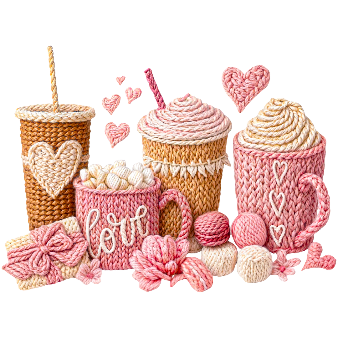 Handcrafted yarn objects in pinks and creams, showcasing cozy Valentine's theme; features the Coffee Love Crew sweatshirt reflecting warmth and craftsmanship from Faith Family Designs.