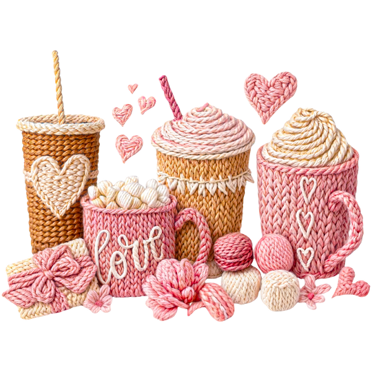 Handcrafted yarn objects in pinks and creams, showcasing cozy Valentine's theme; features the Coffee Love Crew sweatshirt reflecting warmth and craftsmanship from Faith Family Designs.