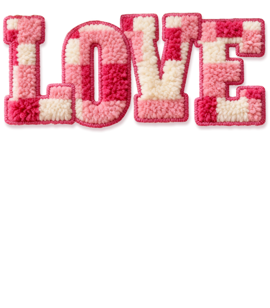 Love Onesie with 'LOVE' in fluffy, checkerboard letters; soft, durable cotton blend for baby comfort and easy changing from Faith Family Designs.