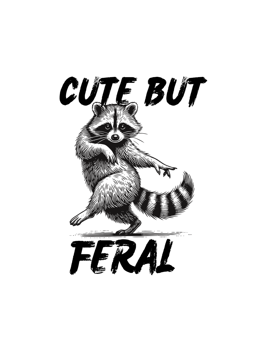 Line drawing of a playful raccoon standing on hind legs, featured on the Cute but Feral Tee from Worlds Worst Tees, a customizable, cozy, ring-spun cotton t-shirt.