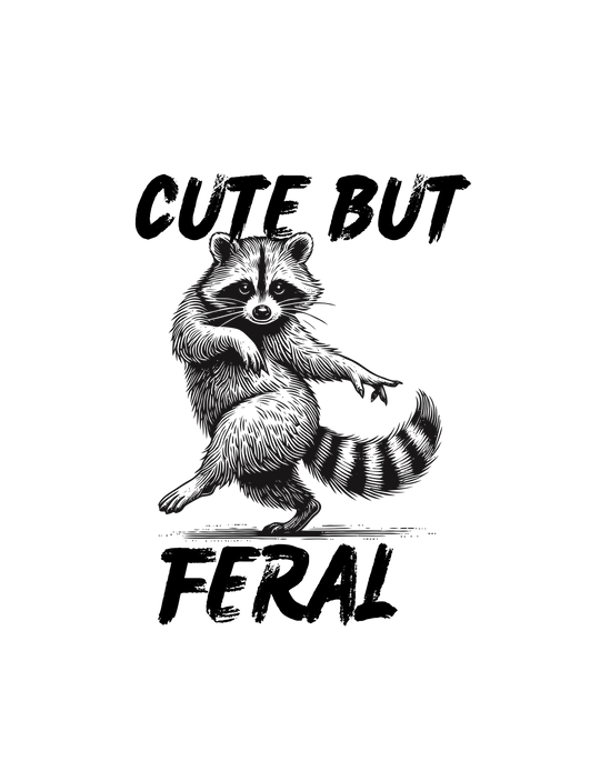 Line drawing of a playful raccoon standing on hind legs, featured on the Cute but Feral Tee from Worlds Worst Tees, a customizable, cozy, ring-spun cotton t-shirt.