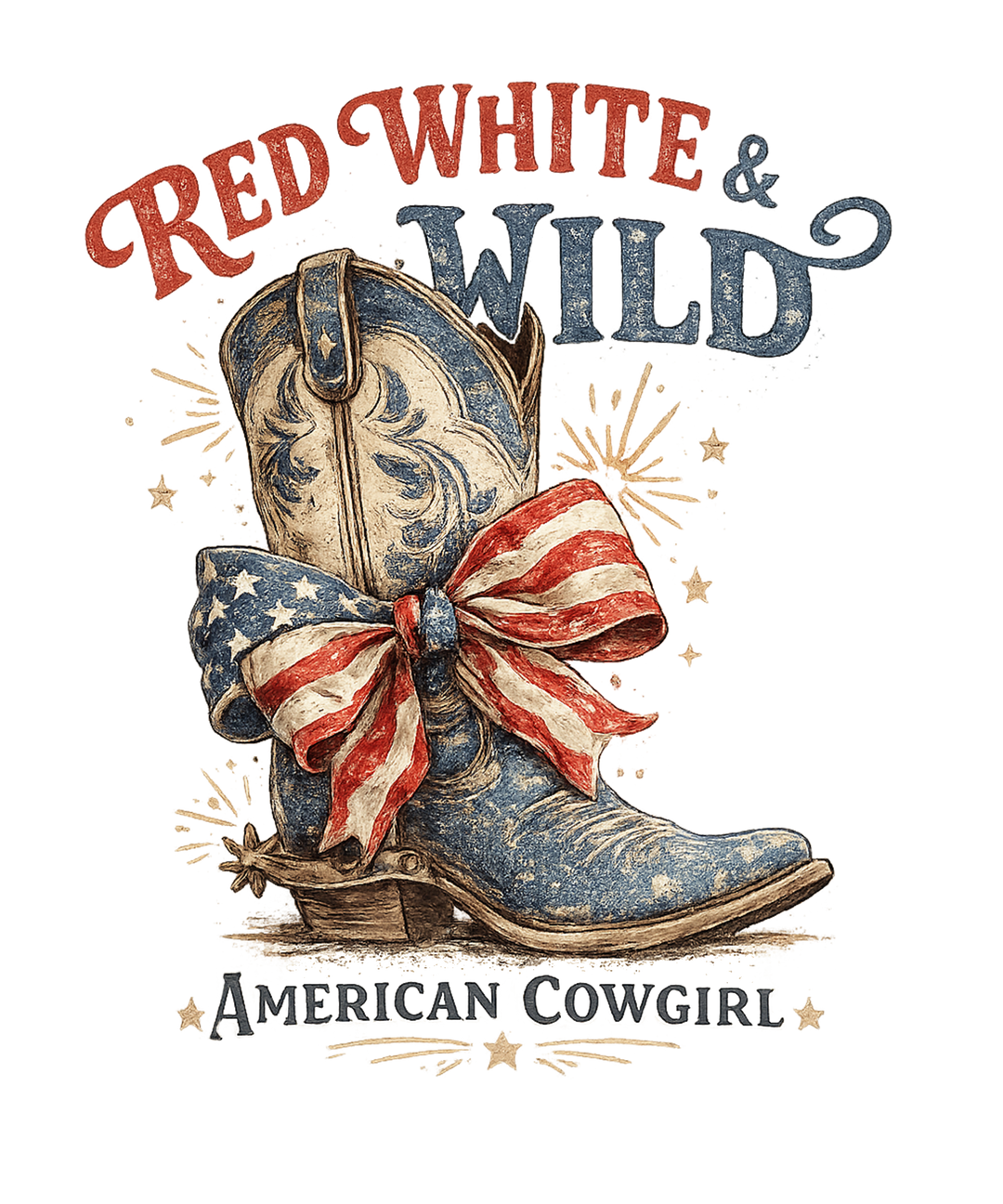 Vintage-style graphic on the Red White and Wild Tee featuring a patriotic cowboy boot and slogan, highlighting American cowgirl spirit with fireworks accents.