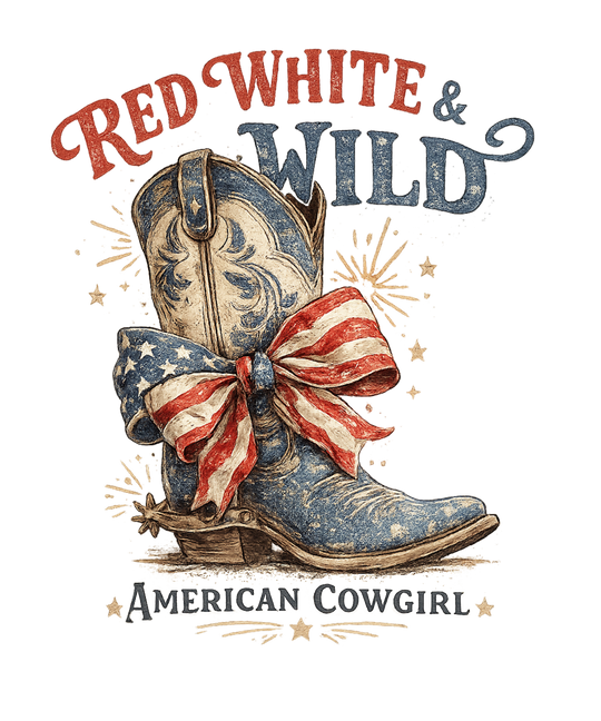 Vintage-style graphic on the Red White and Wild Tee featuring a patriotic cowboy boot and slogan, highlighting American cowgirl spirit with fireworks accents.