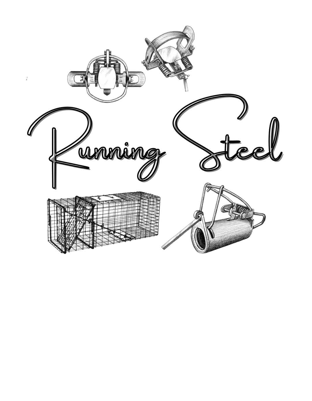 A Running Steel Tee featuring a group of metal objects, a cage, and a mouse trap sketch. Premium fit, 100% combed cotton, light fabric, tear-away label. Ideal for workouts or daily wear. Sizes XS to 4XL.