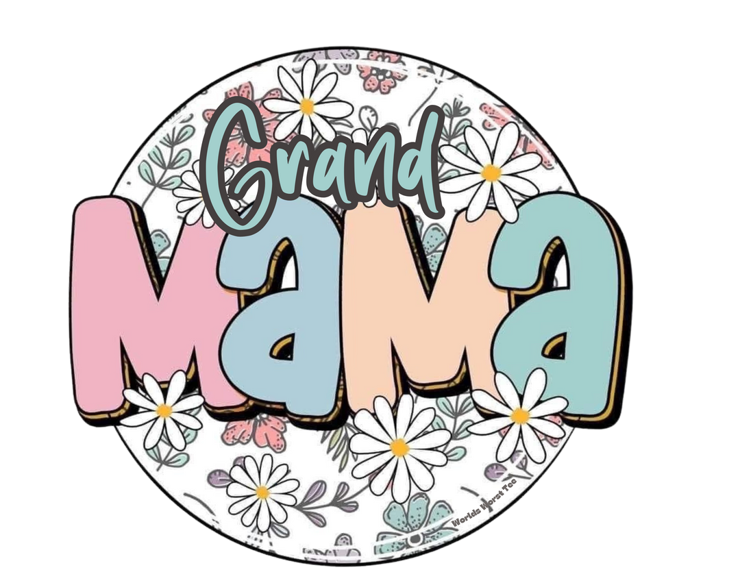 A unisex heavy blend crewneck sweatshirt featuring a round sign with flowers and a cartoon face. Sassy Grand Mama Flower Crew: 50% cotton, 50% polyester, ribbed knit collar, no itchy side seams, loose fit.