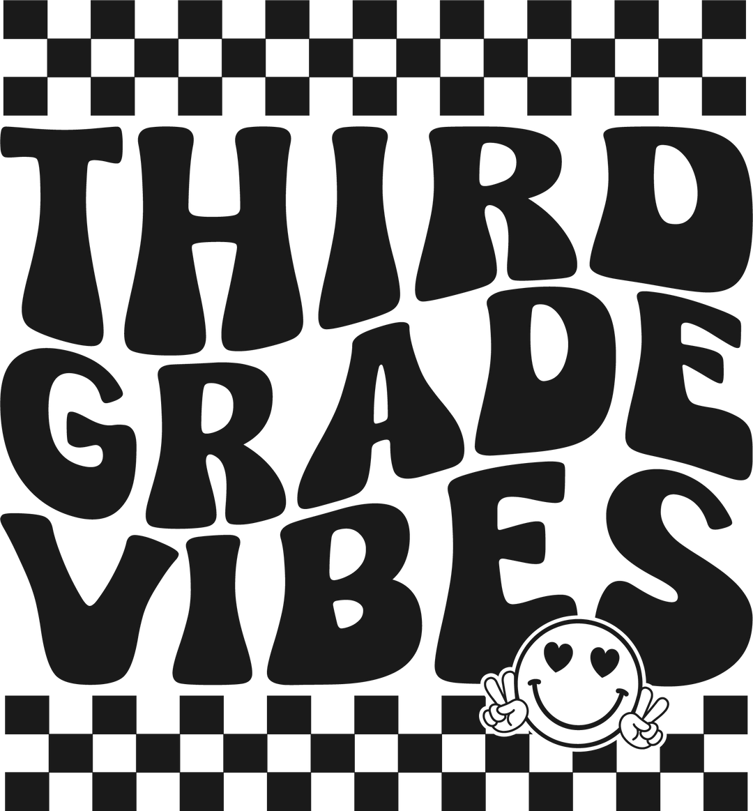 Kids 3rd Grade Vibes Tee, black and white graphic design with smiley face, letters R, D, B, and G. 100% cotton, light fabric, classic fit, tear-away label. Ideal for everyday wear.