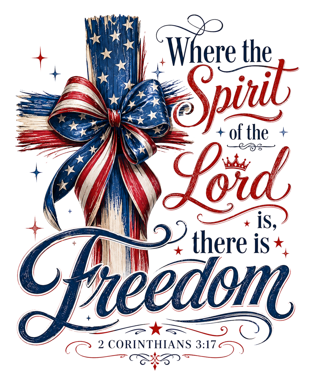 Spirit of the Lord Tee featuring a red, white, and blue cross with stars and Bible verse, offering a classic fit in soft cotton.
