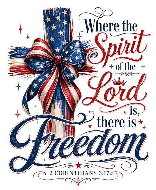 Spirit of the Lord Tee featuring a red, white, and blue cross with stars and Bible verse, offering a classic fit in soft cotton.