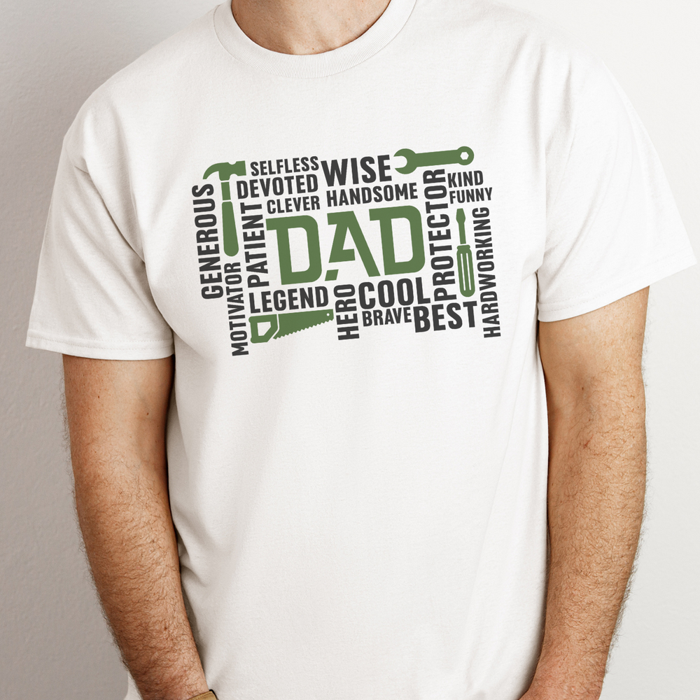 A relaxed fit All Dad All Day Tee in white, featuring a man in a white shirt with words. Made of 100% ring-spun cotton for coziness and durability, with double-needle stitching for longevity.