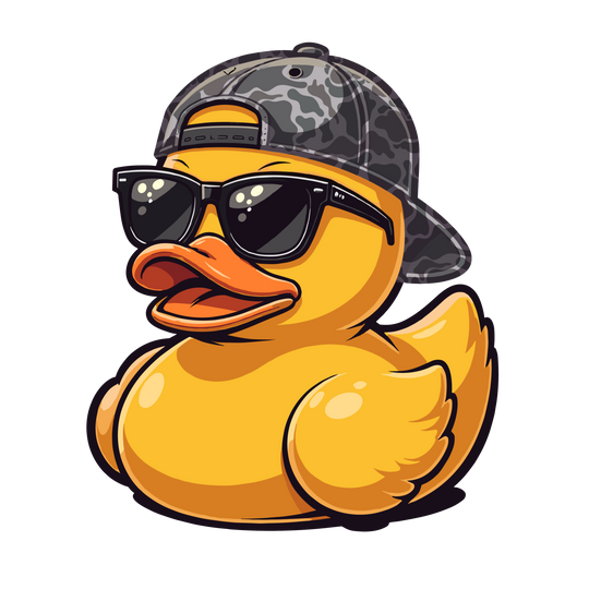 Ducky Toddler Tee featuring a cartoon yellow rubber duck with a camo baseball cap and sunglasses, offering a cool, laid-back style perfect for toddlers.