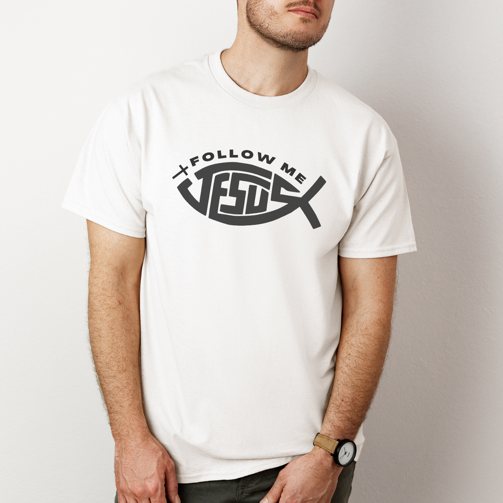 A relaxed fit Jesus Follow Me Tee made of 100% ring-spun cotton. Garment-dyed for extra coziness, with double-needle stitching for durability and a tubular shape. Ideal for daily wear.