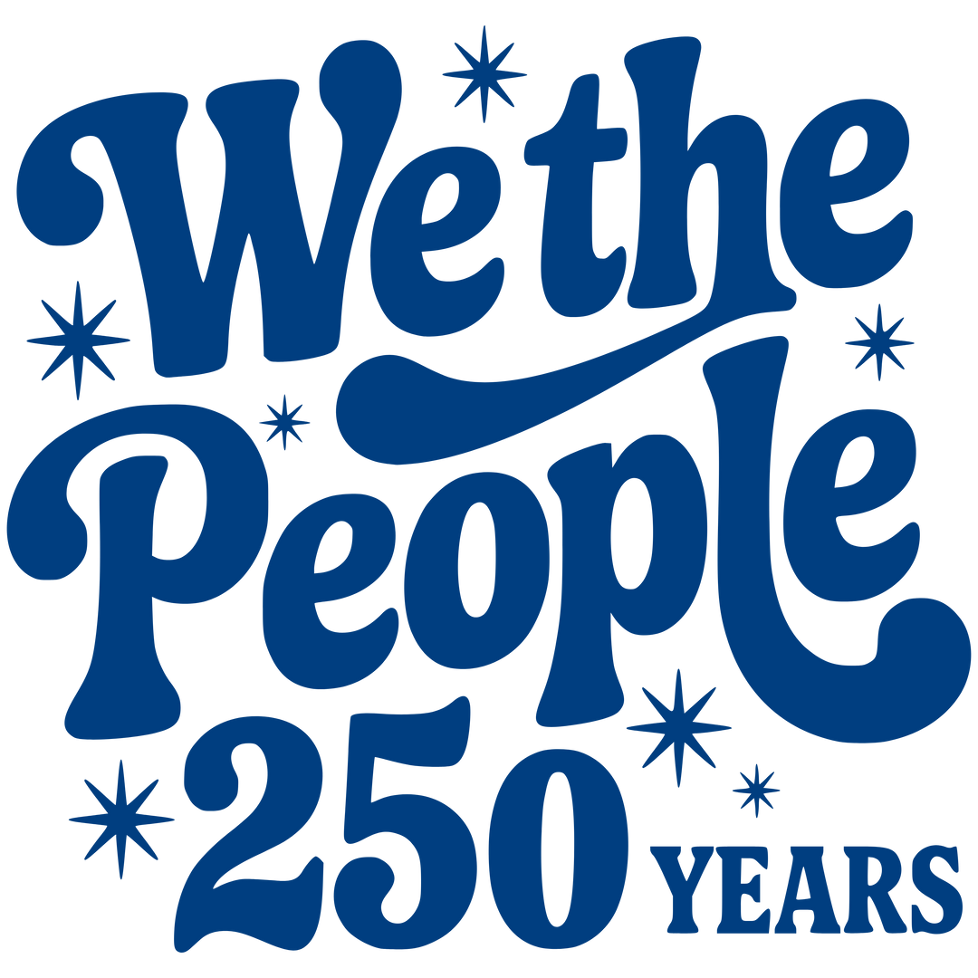 Blue typographic design on the We the People Tee celebrates 250 years with retro lettering and starbursts, embodying a festive, vintage style.