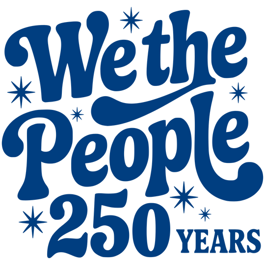 Blue typographic design on the We the People Tee celebrates 250 years with retro lettering and starbursts, embodying a festive, vintage style.