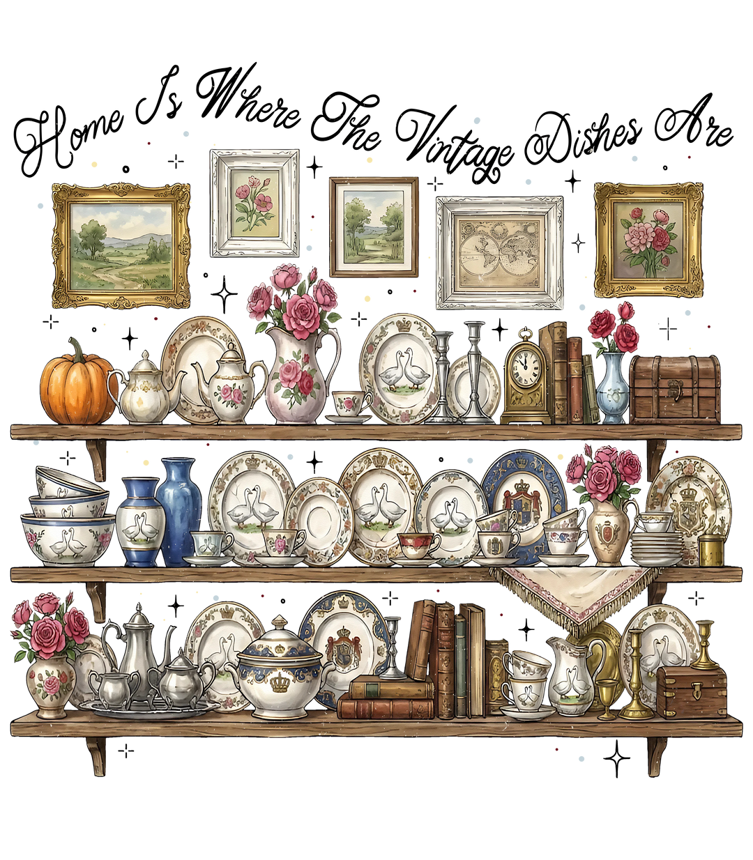 Vintage Dishes Tee design featuring a wall-mounted display of porcelain, vintage objects, and framed art, embodying a curated, vintage-inspired aesthetic.