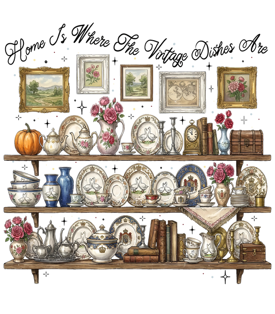 Vintage Dishes Tee design featuring a wall-mounted display of porcelain, vintage objects, and framed art, embodying a curated, vintage-inspired aesthetic.