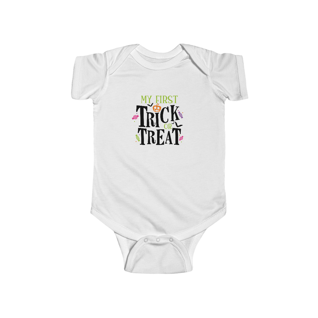Infant fine jersey bodysuit with ribbed knitting for durability and plastic snaps for easy changing access. 100% combed ringspun cotton, light weight fabric. Product title: Trick or Treat Onesie.