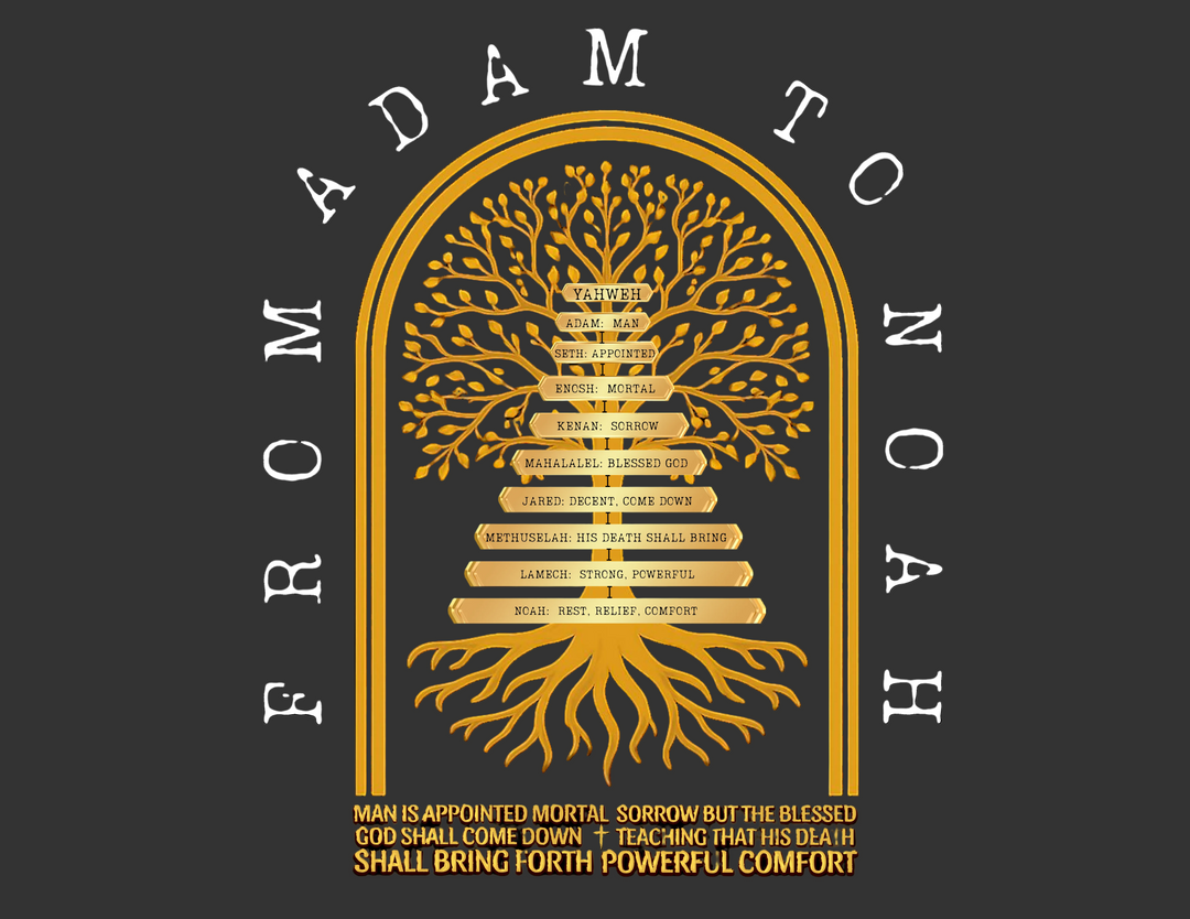 Adam to Noah Tree Long Sleeve T-Shirt: Features a gold-toned family tree graphic tracing patriarchs from Adam to Noah with Hebrew meanings, on soft, relaxed-fit cotton.