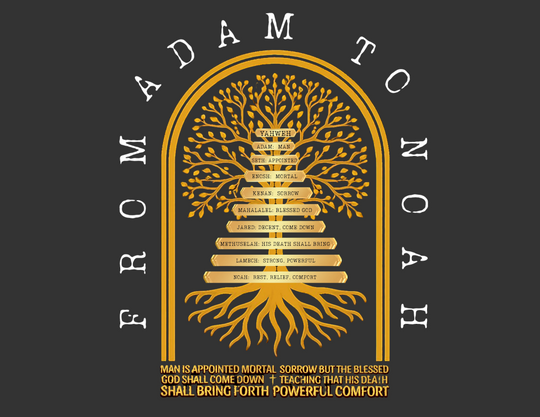 Adam to Noah Tree Long Sleeve T-Shirt: Features a gold-toned family tree graphic tracing patriarchs from Adam to Noah with Hebrew meanings, on soft, relaxed-fit cotton.