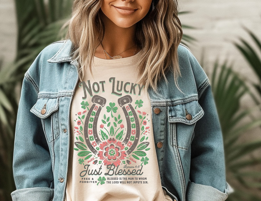 Woman in denim jacket and hat models the Blessed Tee, a customizable, soft-washed garment-dyed t-shirt by Comfort Colors, emphasizing comfort and durability.