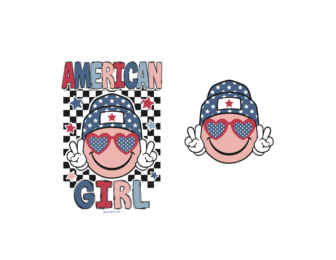 American Girl Toddler Tee featuring cartoon faces, stars, and colorful text. Soft 100% cotton, light fabric, classic fit, tear-away label. Sizes: 2T, 3T, 4T, 5-6T. Perfect for toddlers' sensitive skin.
