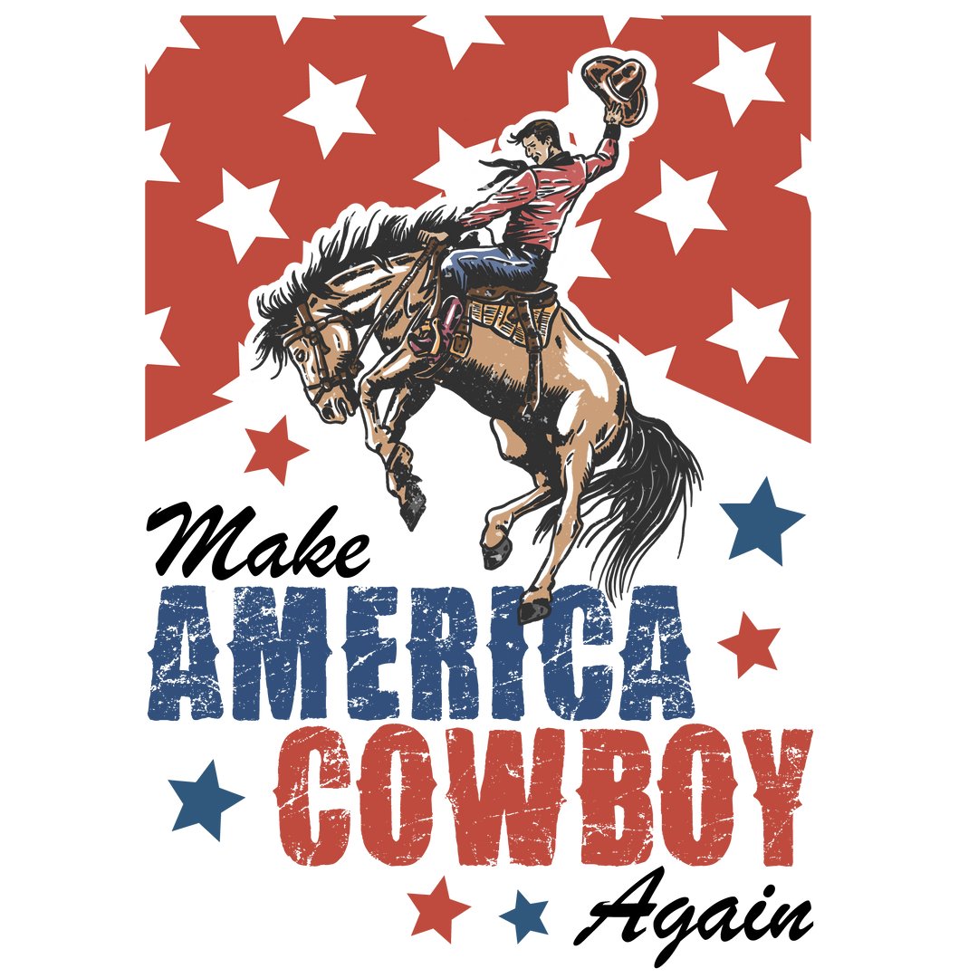 Make America Country Again Tee features a cowboy on a bucking bronco with stars and AMERICAN COWBOY slogan, capturing vintage rodeo spirit.
