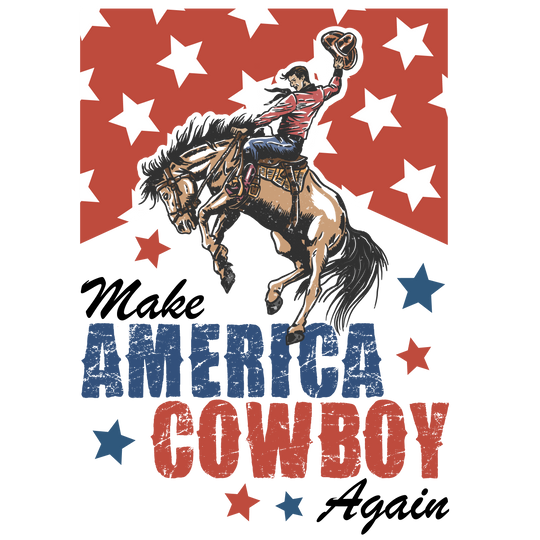 Make America Country Again Tee features a cowboy on a bucking bronco with stars and AMERICAN COWBOY slogan, capturing vintage rodeo spirit.